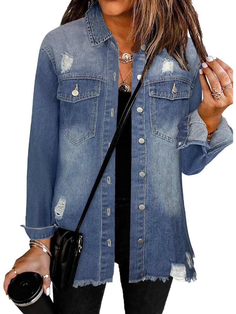 Women’s Night Blue Long Sleeve Style Button Front Oversized Casual Jean Jacket
